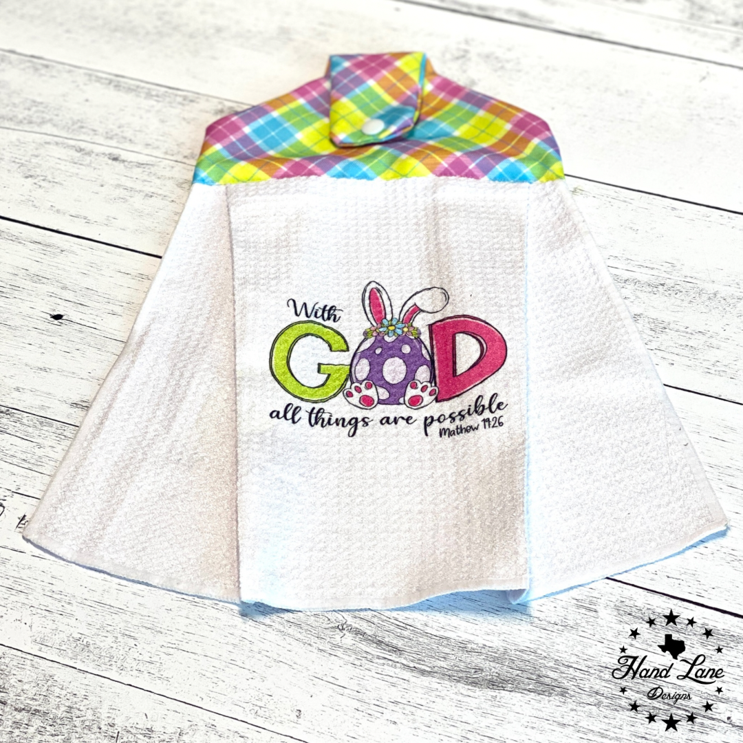 White waffle weave Easter hanging kitchen towel with With God All Things Are Possible bunny gnome design