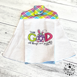 White waffle weave Easter hanging kitchen towel with With God All Things Are Possible bunny gnome design
