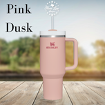 Pink Dusk 40oz Stanley Quencher Flowstate tumbler with handle and straw, ready for laser engraving