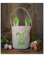 Green bunny ears Easter basket personalized Joshua with green bunny egg design on canvas bag