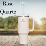 Rose Quartz 40oz Stanley Quencher Flowstate tumbler with handle and straw, engraving color option