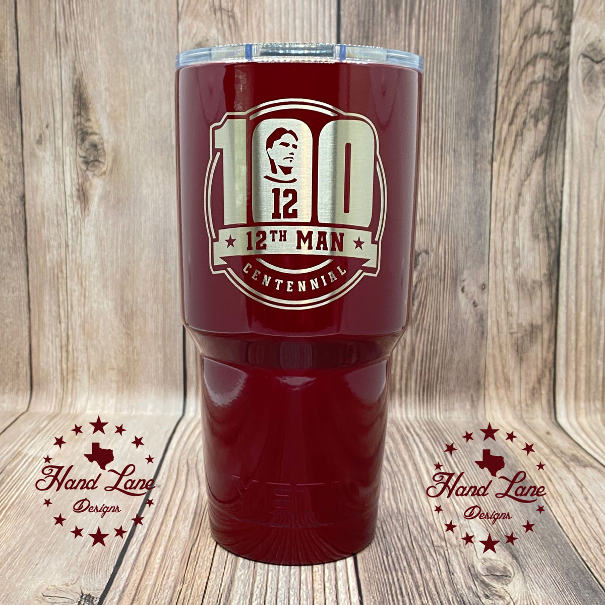 Maroon Texas A&M 12th Man Centennial tumbler with laser engraved 100 commemorative logo