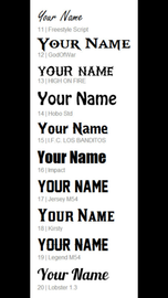 Font chart with name personalization styles 11-20 for the Texas A&M commemorative tumbler