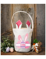 Pink bunny ears Easter basket personalized Cora with pink and purple polka dot egg design