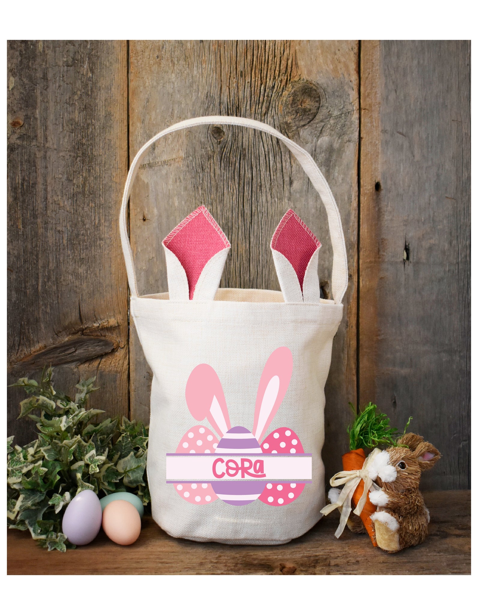 Pink Bunny Easter Basket Tote Bag - Personalized Canvas Tote Bag