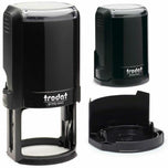Trodat Printy 4642 round self inking stamp shown from three angles for custom teacher stamps