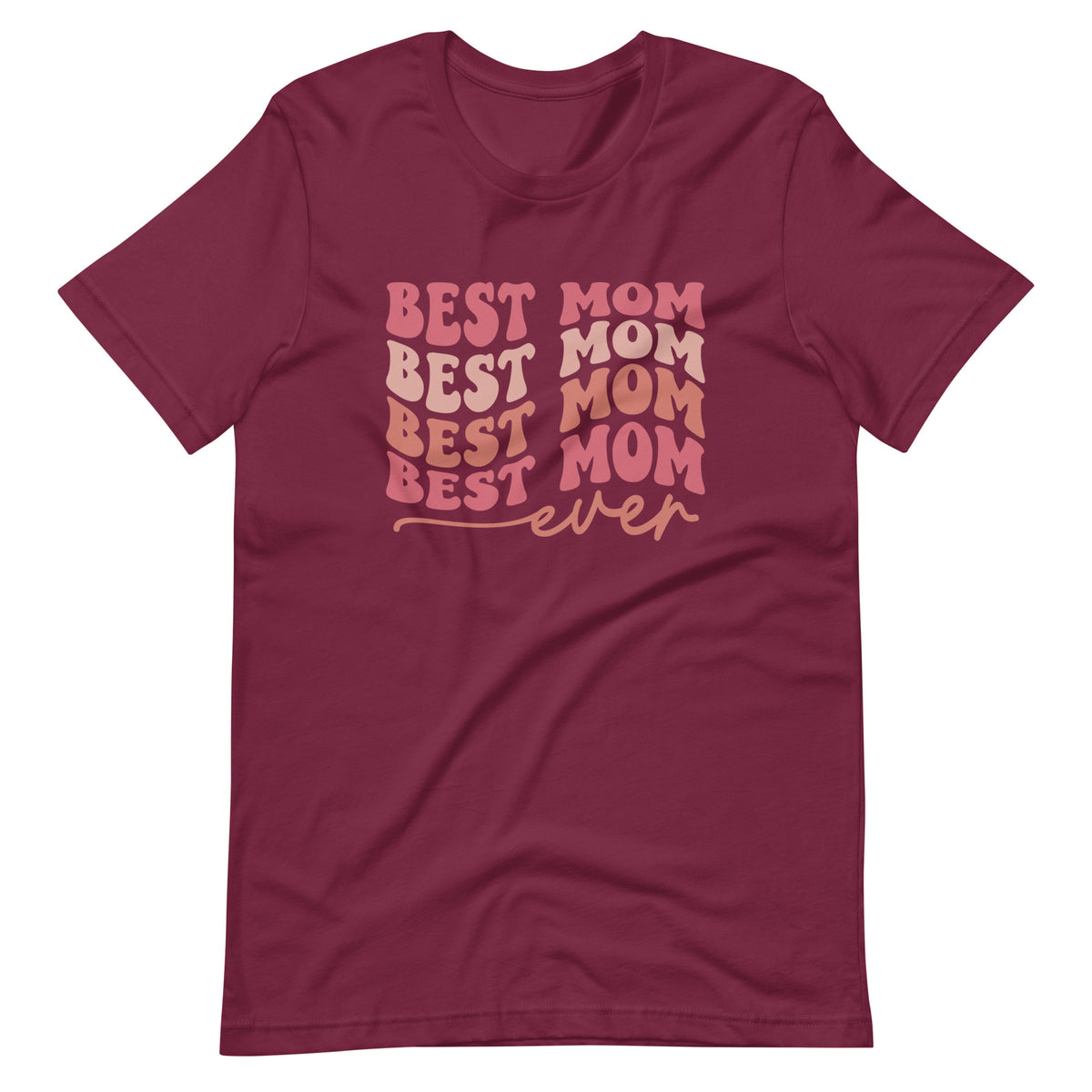 Maroon unisex t-shirt with retro wavy Best Mom Ever graphic in pink tones