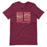 Maroon unisex t-shirt with retro wavy Best Mom Ever graphic in pink tones