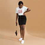 Woman wearing white Best Mom Ever t-shirt with black skirt, lifestyle model shot